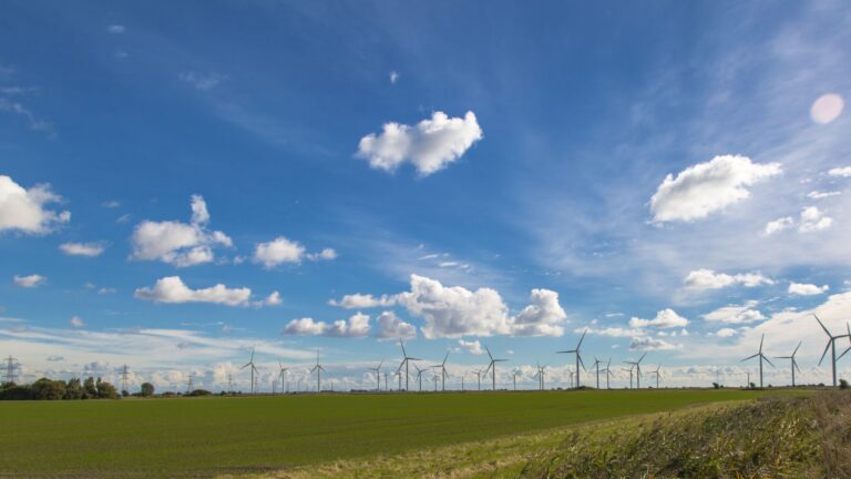 Windkraftanlagen bei Sonnenschein auf einem Feld